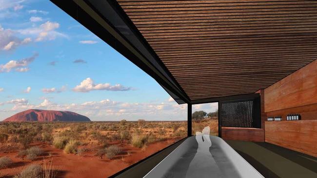 Artist impression of the route, views and accommodation to be part of the proposed Uluru Lodge Walk, a 4-day, 4-night “wilderness and wellbeing experience” during a walk between Kata Tjuta and Uluru, according to proponent Australian Walking Company (AWC). Picture: Troppo Architects.