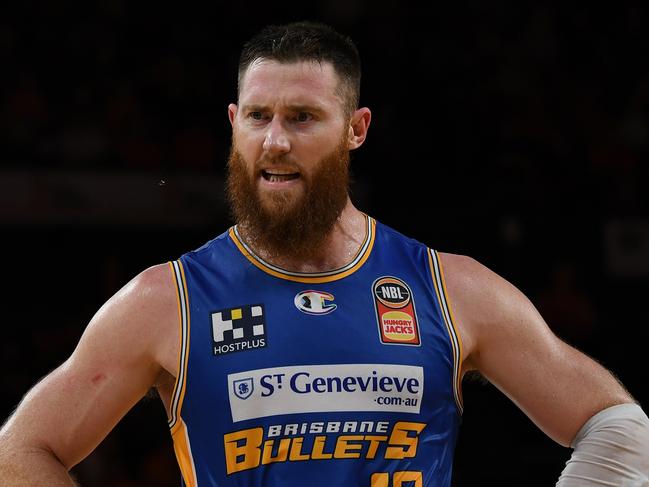 CAIRNS, AUSTRALIA - JANUARY 28: Aron Baynes of the Bullets talks with a referee during the round 17 NBL match between Cairns Taipans and Brisbane Bullets at Cairns Convention Centre, on January 28, 2023, in Cairns, Australia. (Photo by Emily Barker/Getty Images)