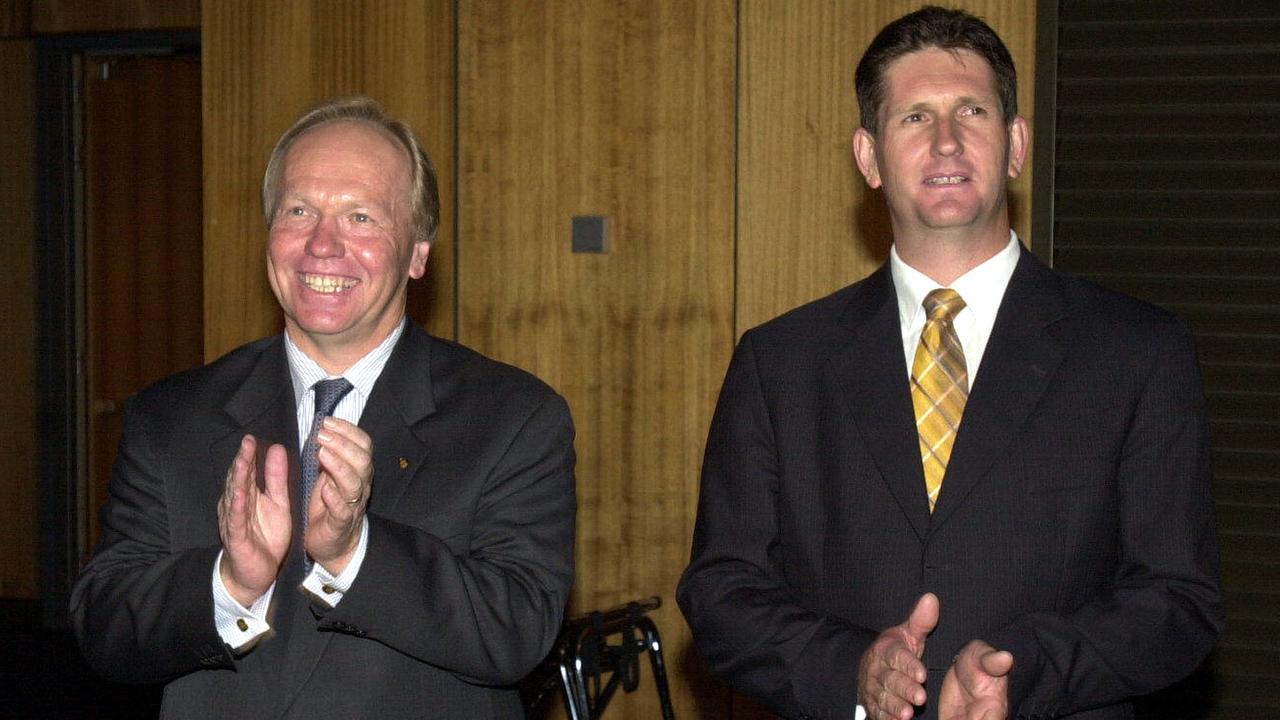 Queensland Premier Peter Beattie and Opposition leader Lawrence Springborg at their election debate in 2004. Picture: Lyndon Mechielsen.