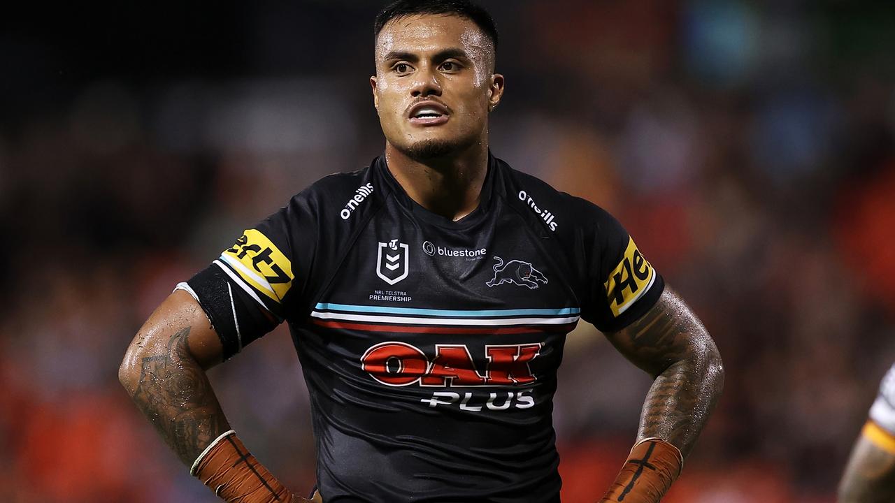 PENRITH, AUSTRALIA - MARCH 03: Spencer Leniu of the Panthers watches on during the round NRL match between the Penrith Panthers and the Brisbane Broncos at BlueBet Stadium on March 03, 2023 in Penrith, Australia. (Photo by Mark Kolbe/Getty Images)