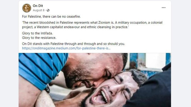 The article on Israel posted online by On Dit writer Habibah Jaghoori. Picture: Facebook