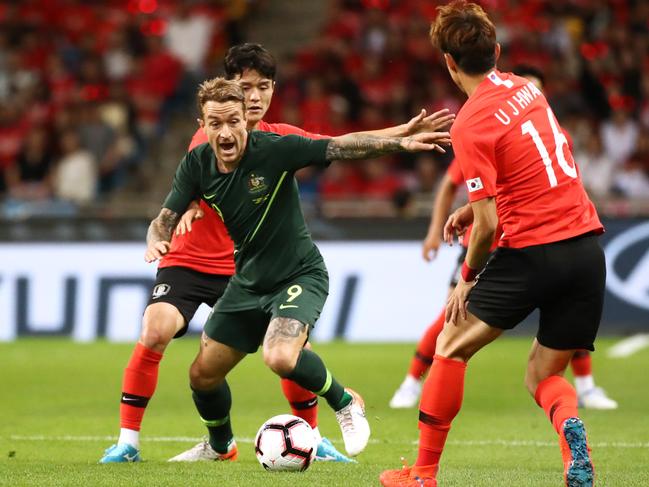 Adam Taggart is set to lead the Socceroos forward line against Kuwait. Picture: Chung Sung-Jun./Getty Images