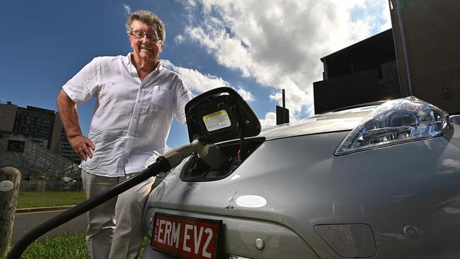 Billionaire Trevor St Baker charges his Nissan Leaf. Picture: Lyndon Mechielsen