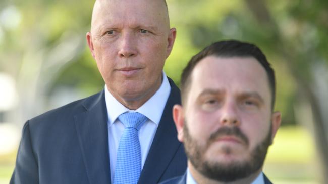 Defence Minister Peter Dutton at Lavarack Barracks. Soldiers receive service medals for taking part in the evacuation of Kabul, Afghanistan. Defence Minister Peter Dutton and Herbert MP Phil Thompson. Picture: Evan Morgan