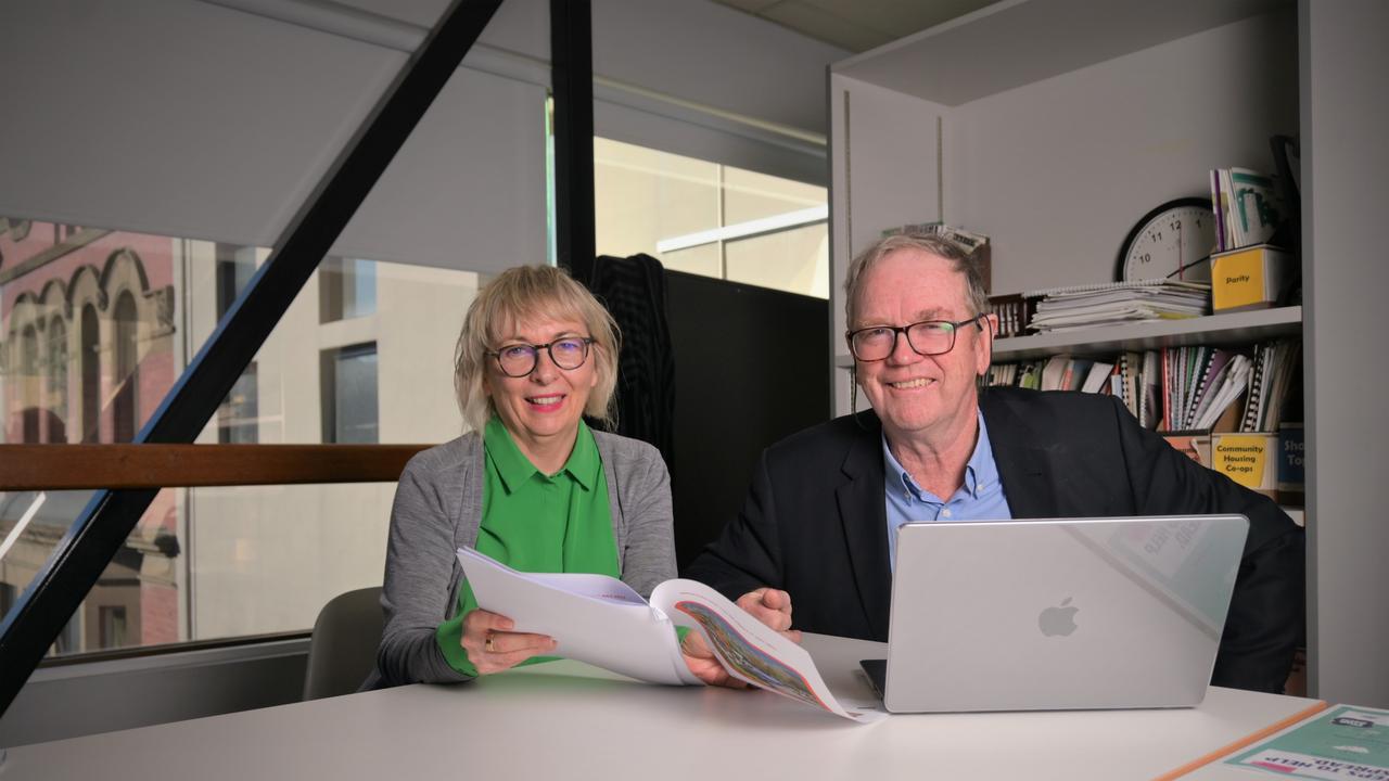 Shelter Tas CEO Pattie Chugg with Professor Peter Phibbs. Picture: Kenji Sato