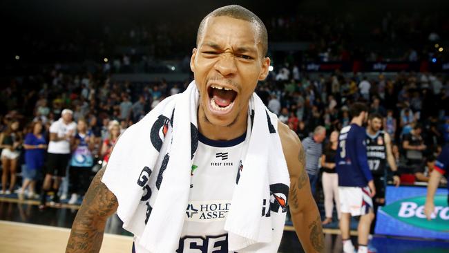 Jerome Randle reacts after hitting the game-winning three-point shot to sink the New Zealand Breakers on Sunday. Picture: Anthony Au-Yeung (Getty).