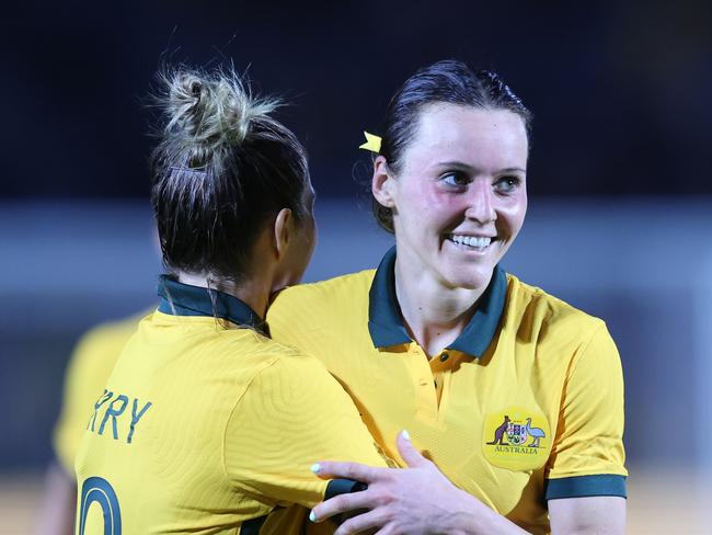 Gorry celebrates with the two-goal hero, Hayley Raso. Picture: Scott Gardiner/Getty Images