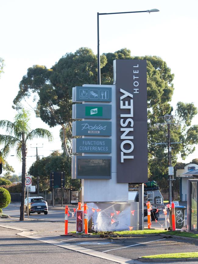 An allegedly drunk driver has smashed into the Tonsley Hotel sign on South Rd. Picture: Brett Hartwig