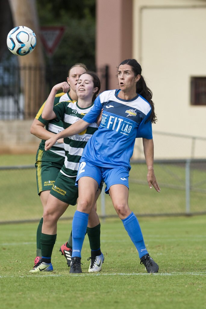 Louise Rolfe of South West Queensland Thunder against Western Pride in NPLW Queensland round three football at Clive Berghofer Stadium, Saturday, March 2, 2019. Picture: Kevin Farmer