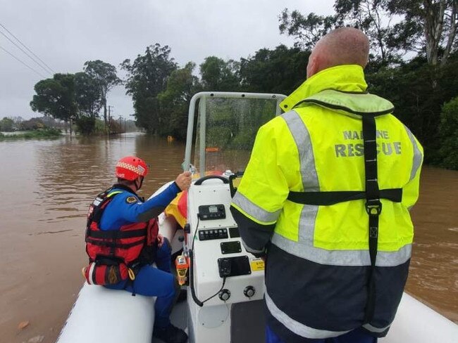 The Marine Rescue Central Coast vessel CC30T 'Sealegs' was used today to reach flooded in residents along Wyong Creek. Picture: NSW Marine Rescue
