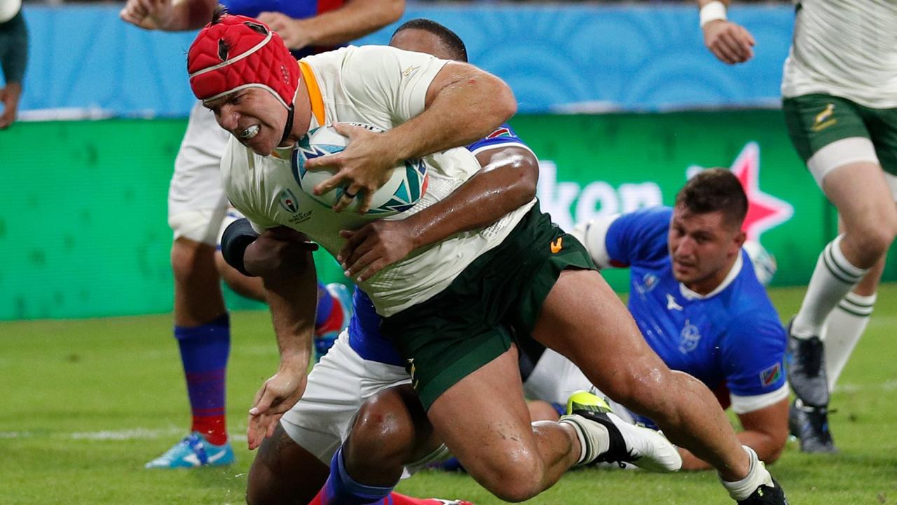 South Africa’s Schalk Brits scores a try during the Rugby World Cup Pool B match.