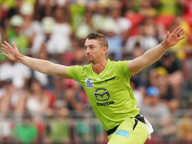 Daniel Sams of Thunder claims a wicket during the Big Bash League (BBL) cricket match between Sydney Thunder and Melbourne Stars at Sydney Showground Stadium in Sydney, Thursday, January 2, 2020. (AAP Image/Mark Evans) NO ARCHIVING, EDITORIAL USE ONLY, IMAGES TO BE USED FOR NEWS REPORTING PURPOSES ONLY, NO COMMERCIAL USE WHATSOEVER, NO USE IN BOOKS WITHOUT PRIOR WRITTEN CONSENT FROM AAP