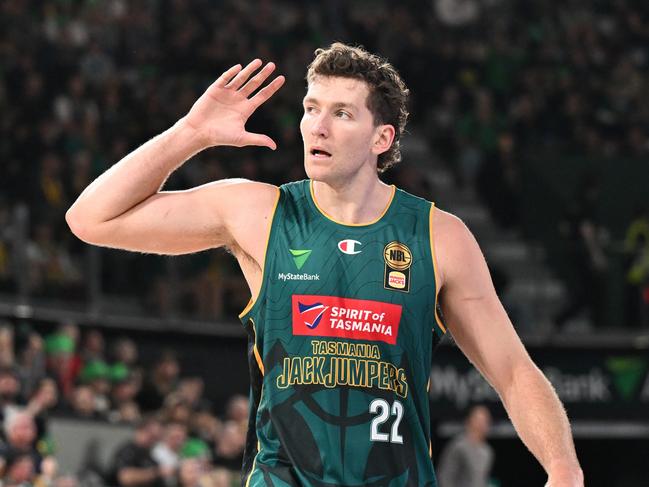 HOBART, AUSTRALIA - SEPTEMBER 28: Will Magnay of the Jackjumpers reacts during the round two NBL match between Tasmania Jackjumpers and Melbourne United at MyState Bank Arena, on September 28, 2024, in Hobart, Australia. (Photo by Steve Bell/Getty Images)