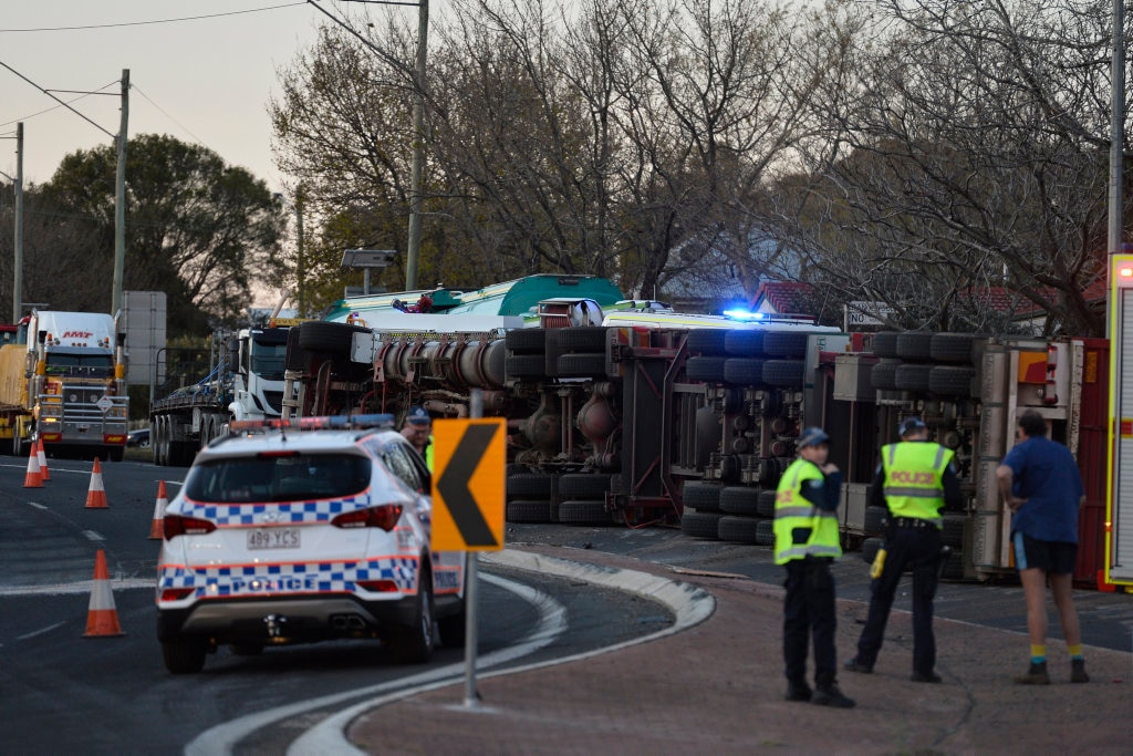 Emergency services at the scene of a cattle truck rollover near the corner of James and Cohoe Sts, Monday, August 20, 2018. Picture: Kevin Farmer