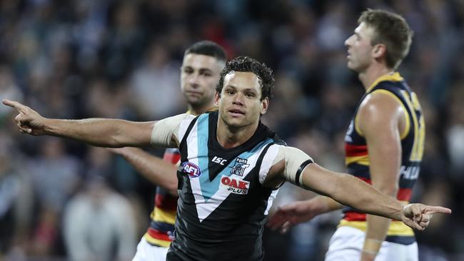 Showdown 45 — after the last-minute win with Steven Motlop’s goal for Port Adelaide in the previous Showdown — will have a huge build-up among Crows and Power fans, even though the derby will not make a significant turn on the way the AFL premiership race ends. Picture: SARAH REED