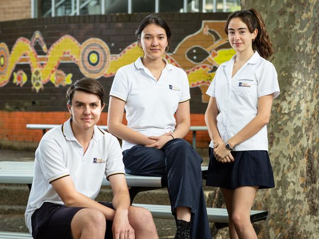 Year 12 students (L-R) Nikolaos Kabouris-Horne, Sahara Hunt and Ruby Firmstone at Sydney Secondary College after sitting their HSC Ancient History exam on Wednesday. Picture: Julian Andrews