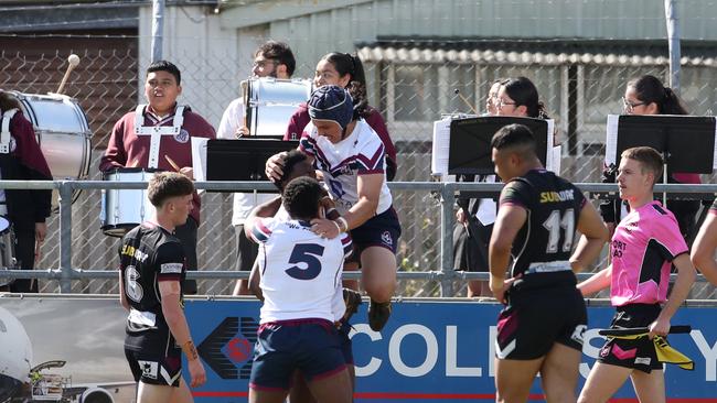 Langer Trophy semi-final between Marsden SHS and Ipswch SHS from Kougari Oval. Kulu Baruani scores a try for Ipswch SHS. Picture: zak Simmonds