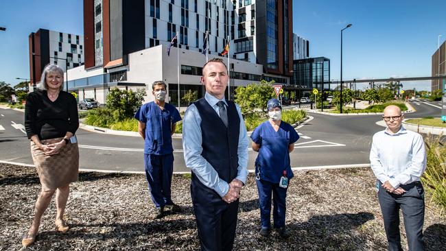 The COVID-19 response team, plus staff on the frontline. (L-R) are: Director of Nursing, Fiona Allsop, Matei Andrin, registered emergency nurse. Director of Medical Services, Dr Peter Thomas, Helen Meischke, registered nurse, Chief Operating Officer, Paul Darcy. Picture: Julian Andrews.