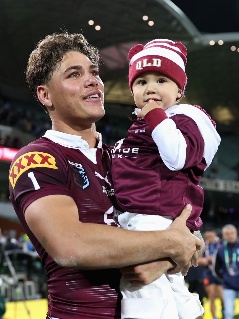 Reece Walsh with daughter Leila. Picture: Cameron Spencer/Getty