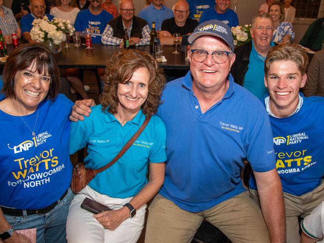 QLDVOTES24 (from left) Lisa Hughes, Sue Watts, Trevor Watts and Jeremy Bazley celebrate the 2024 State Election at Royal Hotel in Toowoomba. Saturday, October 26, 2024. Picture: Nev Madsen.