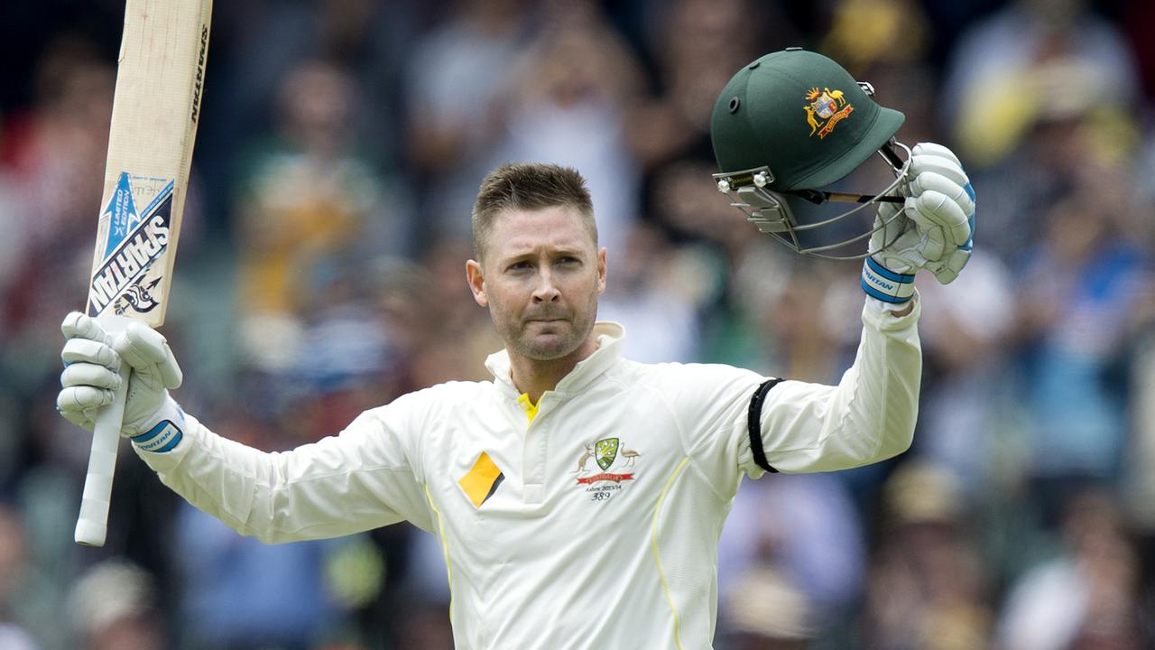 Michael Clarke reacting after scoring a century. AAP Image/Dave Hunt.