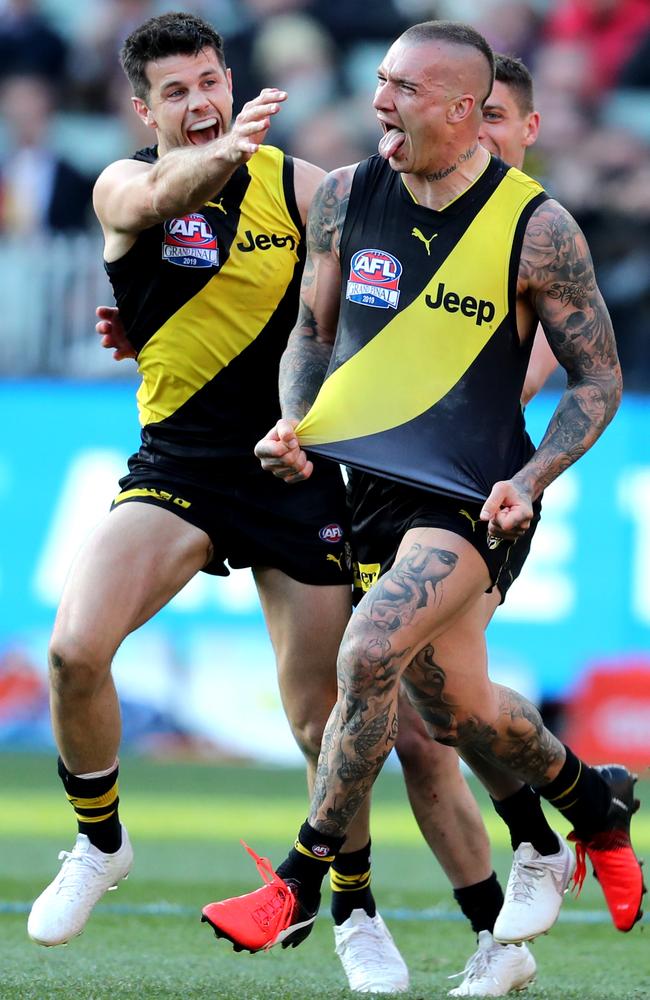 2019: Dustin Martin had a monster in the 2019 Grand Final, picking up his second Norm Smith Medal and second premiership medallion with a four goal game that propelled the Tigers to victory over GWS. Picture: Michael Klein.