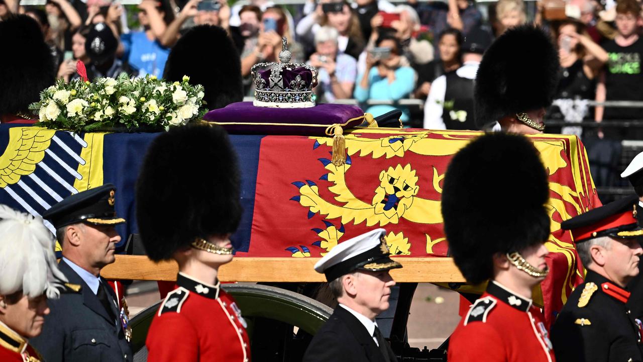 The coffin of Queen Elizabeth is adorned with a Royal Standard and the Imperial State Crown. Picture: AFP.