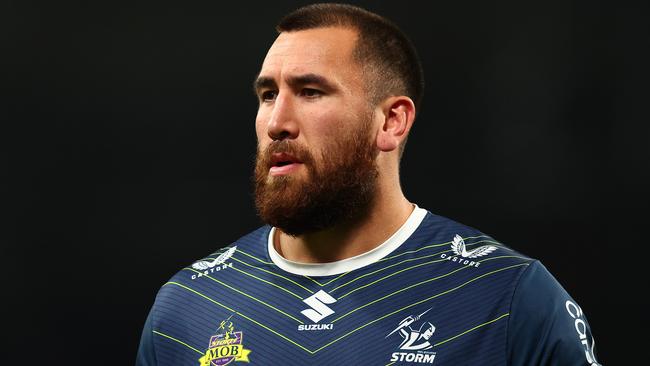 MELBOURNE, AUSTRALIA - APRIL 25: Nelson Asofa-Solomona of the Storm warms up prior to the round eight NRL match between Melbourne Storm and New Zealand Warriors at AAMI Park on April 25, 2023 in Melbourne, Australia. (Photo by Graham Denholm/Getty Images)