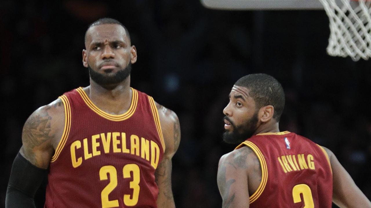 FILE - In this March 19, 2017, file photo, Cleveland Cavaliers' LeBron James, left, greets Kyrie Irving during the second half of an NBA basketball game against the Los Angeles Lakers in Los Angeles. There is bad blood once again in the NBA. No, its not just the Pistons-Bulls or Celtics-Lakers type of feuds. Sure, theres Warriors-Cavs, Thunder-Warriors and Cavs-Celtics. But these days, its more individually driven _ thanks in large part to social media. Theres Russ-KD, LeBron-Kyrie, and even a Whiteside-Embiid can get in on the action. The back-and-forth makes for matchups worth circling on the calendar _ beginning Tuesday night with Boston-Cleveland. (AP Photo/Jae C. Hong, File)