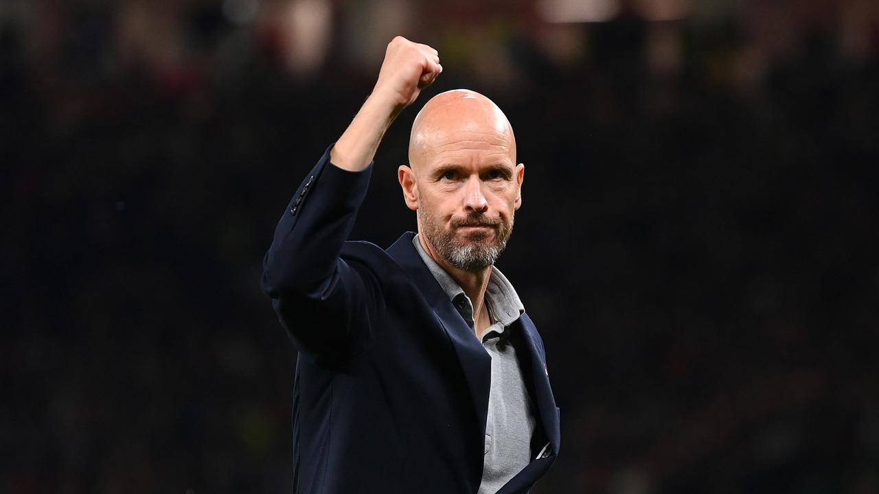 MANCHESTER, ENGLAND – AUGUST 22: Erik ten Hag, Manager of Manchester United celebrates after victory in the Premier League match between Manchester United and Liverpool FC at Old Trafford on August 22, 2022 in Manchester, England. (Photo by Michael Regan/Getty Images)