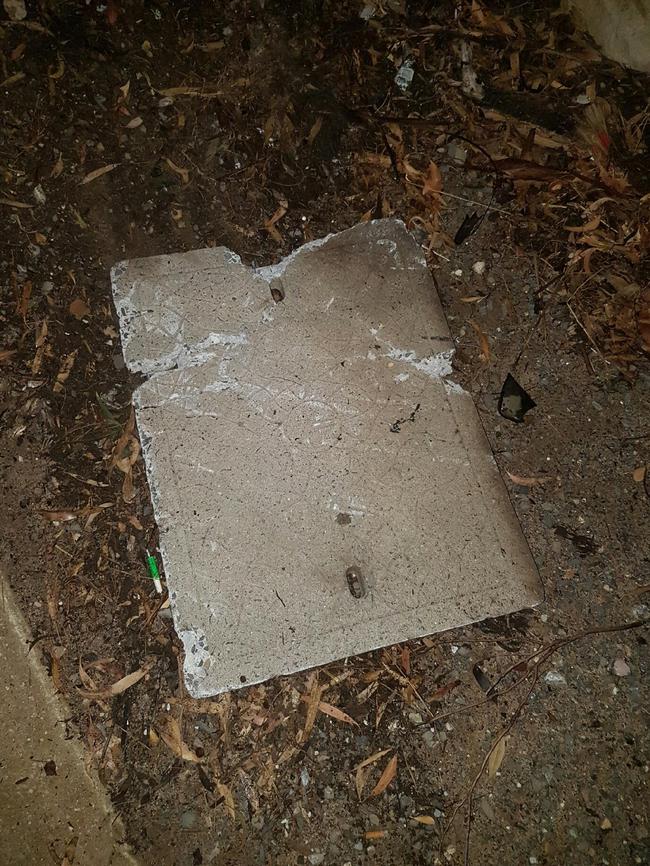 The chunk of concrete that hit Heidi Wilkin’s car on the Southern Expressway. Picture: Heidi Wilkin