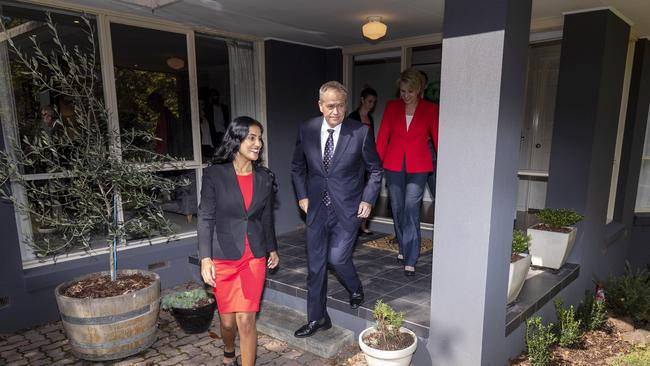 Labor candidate for Deakin Shireen Morris, Opposition Leader Bill Shorten and Deputy Leader Tanya Plibersek were in Mitcham today. Photo: Daniel Pockett