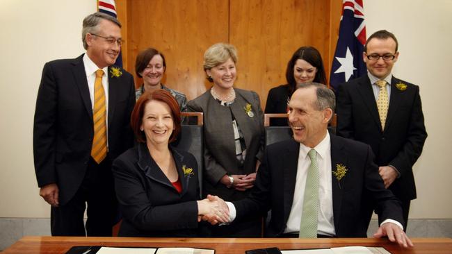 Julia Gillard with Bob Brown in 2010.