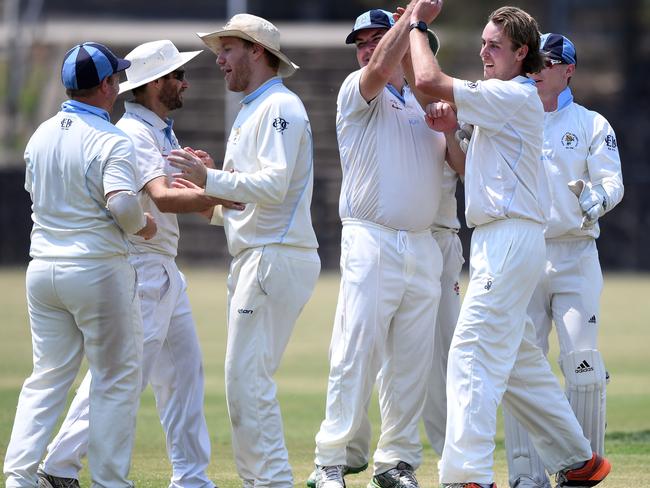 Riley Jones of East Doncaster (second from right) reacts after taking a wicktet during the East Doncaster and North Balwyn ECA Dunstan Shield match at Zerby's Reserve in East Doncaster, Saturday, February 8, 2020. (Photo/Julian Smith)