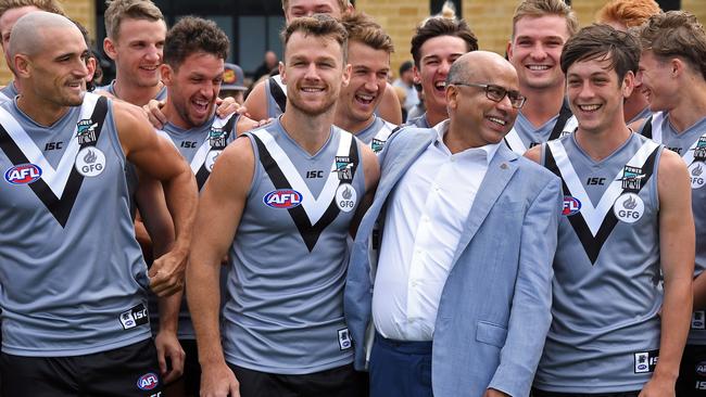 09/02/19 – Sanjeev Gupta's GFG as new joint major sponsor. Sanjeev Gupta with Port Adelaide players. Picture: Tom Huntley