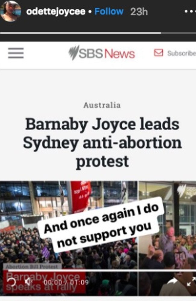 An Instagram story posted by Odette Joyce, the daughter of former deputy prime minister Barnaby Joyce. Picture: Instagram