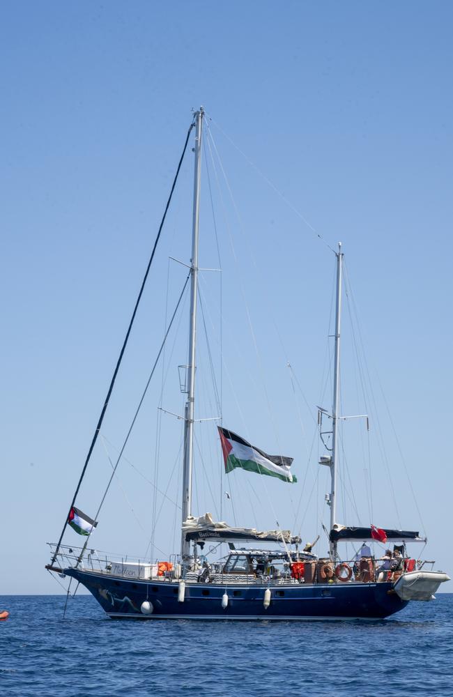 The Madleen of the Freedom Flotilla, flying Palestinian flags, sails off the port of San Giovanni Li Cuti in Catania, before setting sail for Gaza. Picture: Getty Images