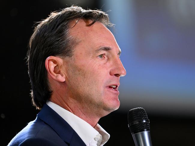 MELBOURNE, AUSTRALIA - FEBRUARY 21: AFL CEO Andrew Dillon speaks to media during the 2024 NAB AFL Auskick Launch at Bounce Inc on February 21, 2024 in Melbourne, Australia. (Photo by Morgan Hancock/AFL Photos/via Getty Images )