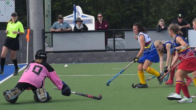 Gympie hosted the 2021 Under 13 Girls State hockey championships over the last four days, with Brisbane teams taking out two of the three division titles. Samantha Dyson (10) put in a valiant effort for the losing Brisbane 2 side in the Division 1 final, and was awarded Player of the Match as a result. Pictures: Josh Preston