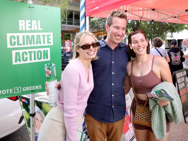Imogen Hunn, Max Chandler-Mather candidate for the Greens, and Emma Ward. Picture: Steve Pohlner