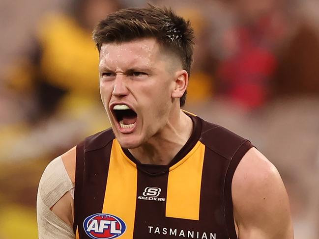 MELBOURNE, AUSTRALIA - JUNE 10: Mitch Lewis of the Hawks celebrates after scoring a goal during the round 13 AFL match between Hawthorn Hawks and Brisbane Lions at Melbourne Cricket Ground, on June 10, 2023, in Melbourne, Australia. (Photo by Robert Cianflone/Getty Images)