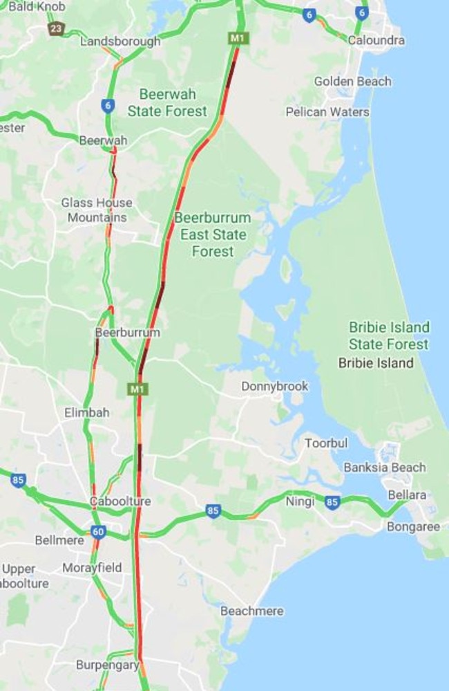 Traffic along the Bruce Highway reached its peak after midday Sunday, with congestion reported all the way from Caloundra to Burpengary. It remained heavy until about 5.45pm. Picture Google