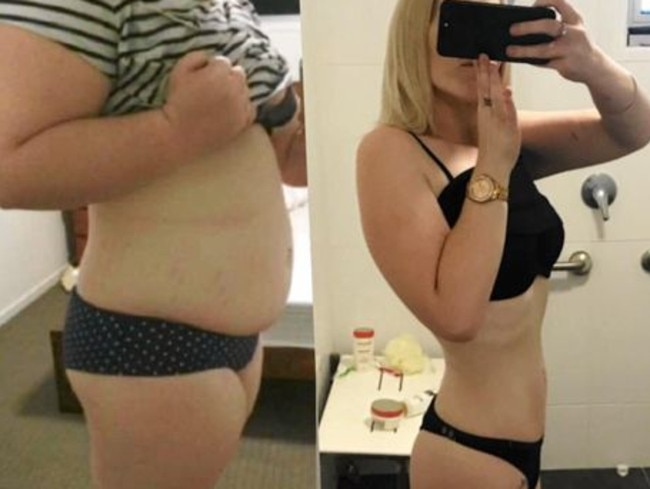 Before and after: Rhianna Cunningham lost 46kg, almost half her body weight.