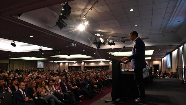 Victorian Premier Daniel Andrews addresses the Victorian Labor State Conference in Melbourne on Saturday.