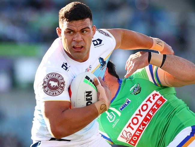 CANBERRA, AUSTRALIA - JULY 01: David Fifita of the Titans in action during the round 18 NRL match between Canberra Raiders and Gold Coast Titans at GIO Stadium on July 01, 2023 in Canberra, Australia. (Photo by Mark Nolan/Getty Images)