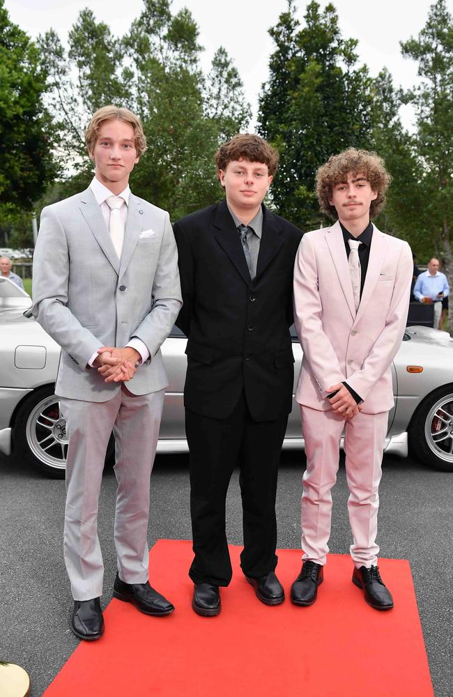 Oscar Heuer, Jake Heywood and Riley Heywood at Nambour State College School Formal. Picture: Patrick Woods.