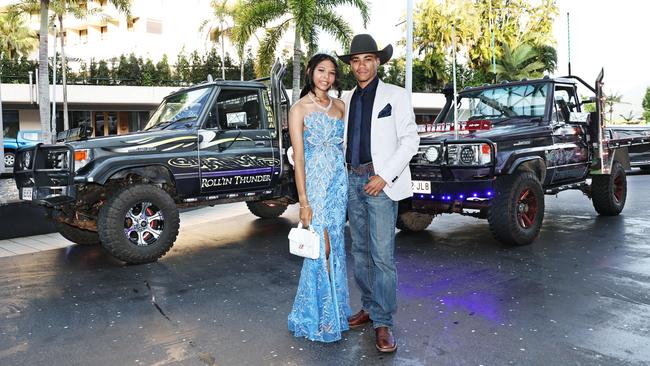 Toshianna Josiah and Travis Koolatah arrive at the Mount St Bernard College senior formal evening, held at the Pullman Reef Hotel Casino. Picture: Brendan Radke