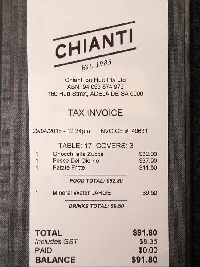 Table for three ... The bill for the interview with Aussie Home Loans founder and executive chairman John Symond. Picture: Calum Robertson