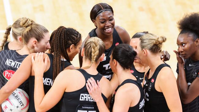 Magpies huddle ahead of their round 10 match against the Swifts. Picture: Jenny Evans/Getty Images