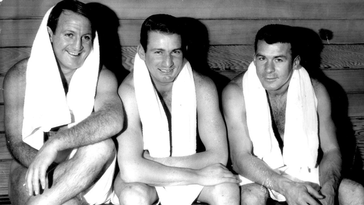 St George rugby league players (L-R) Johnny Raper with Graeme Langlands and Billy Smith taking sauna in 1968.